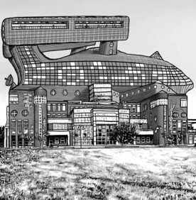 Futuristická budova univerzity ve tvaru kosmické lodě